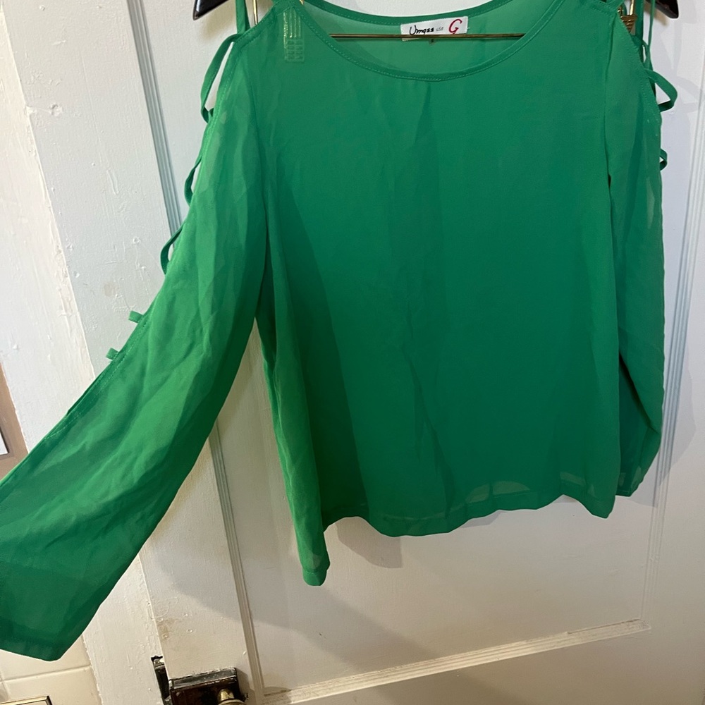 Umgee Size Small Emerald Green Cold Shoulder Sheer Blouse | Flowy Boho Top